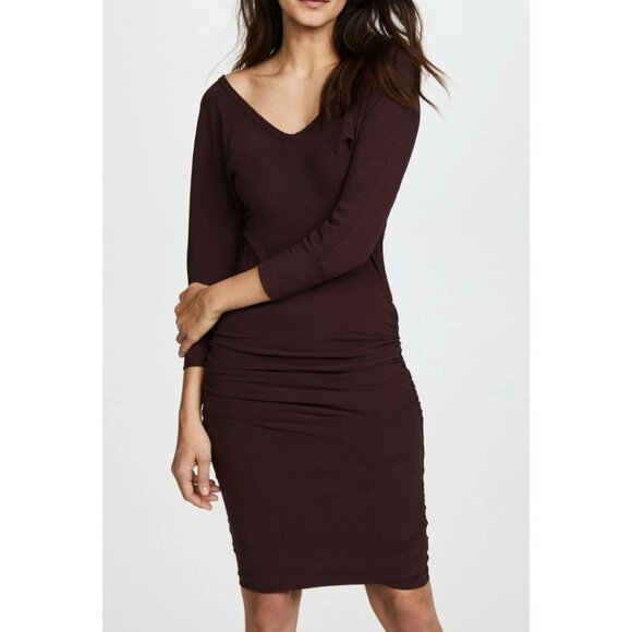 James Perse 4 Dress XL Plum Brown Cotton Long Sleeve Stretch Sheath Ruched $228 - Picture 1 of 16